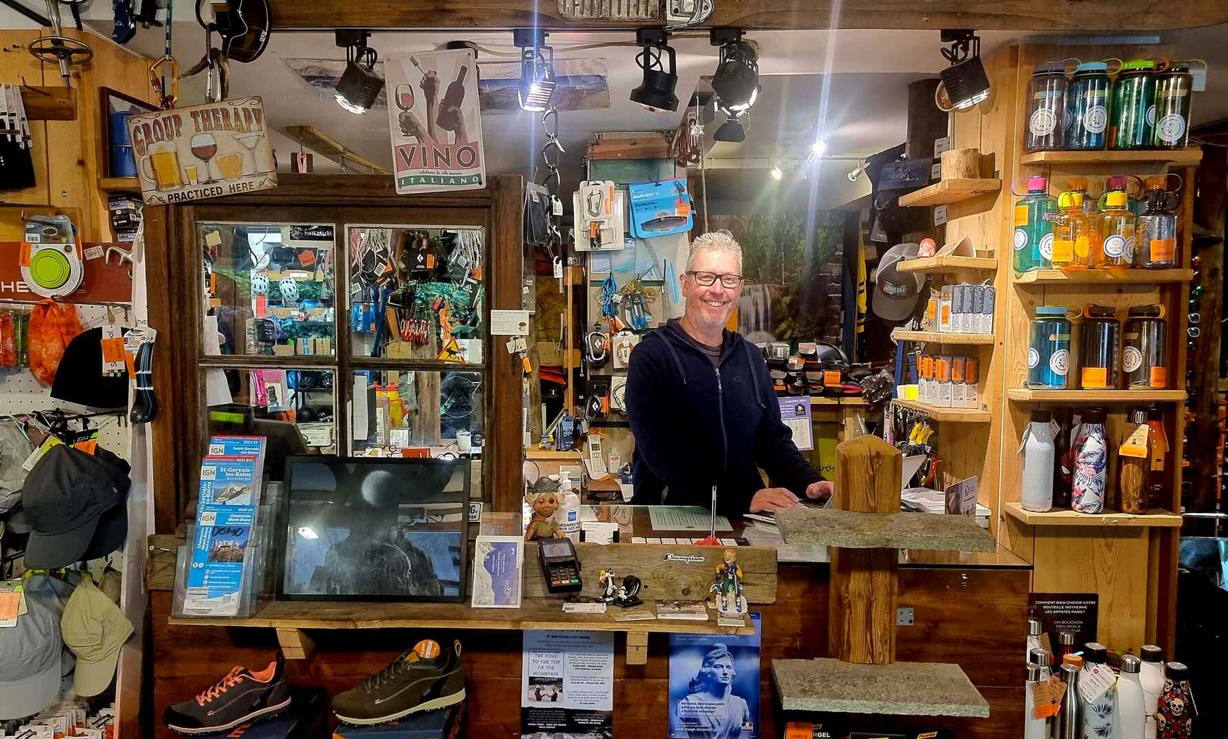 Rob behind the till at Namaste