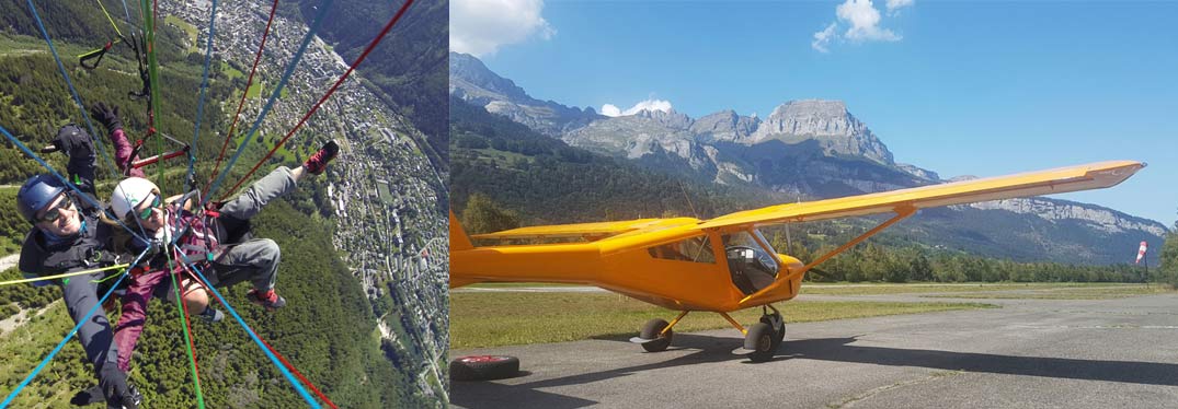 two images showing paragliding and light aircraft